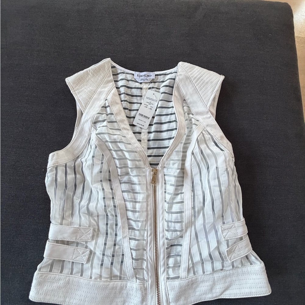 Bebe Ivory and Gray Striped Sleeveless Blouse